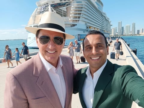Renzo Alvarez junto a Kevin Trudeau en el puerto de un crucero